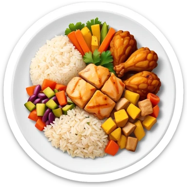 Full meal plate with rice, chicken pieces, and Puerto Rican vegetable mix sticker
