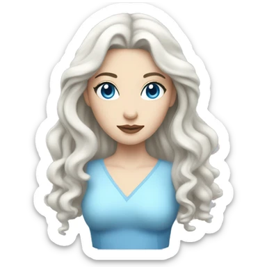pale woman with long black wavy hair and light blue eyes with ice powers and a blue dress sticker