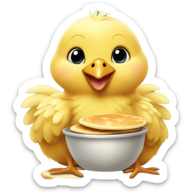 Baby chicken eating a snack of pancakes  sticker