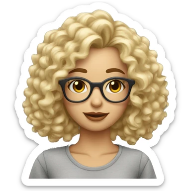 Chica rubia pelo rizado largo y con lentes, franela gris sticker