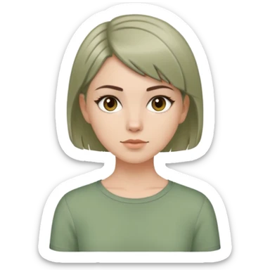 White girl with short wolfcut hairstyle, brown eyes, straight hair, wearing a sage green top sticker