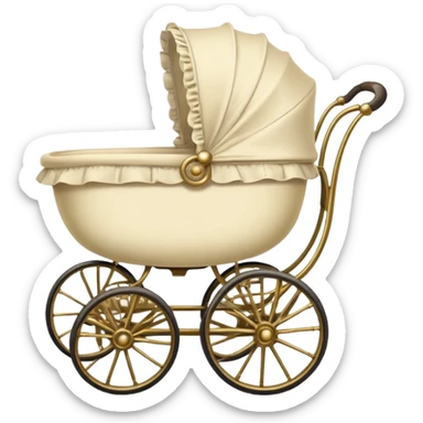 An antique baby stoller with bis wire wheels and a ruffeled bonnet sticker