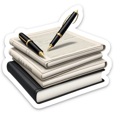 Create an emoji representing journalism and publicistic writing. The design should feature a stack of newspapers, an open notebook, and a single classic fountain pen placed on top of the notebook, symbolizing the act of writing. The scene should convey a sense of professionalism and thoughtful analysis. Use a neutral and professional color palette, with black, white, and muted tones. Do not include any emojis or smiley faces. Make the background transparent. sticker