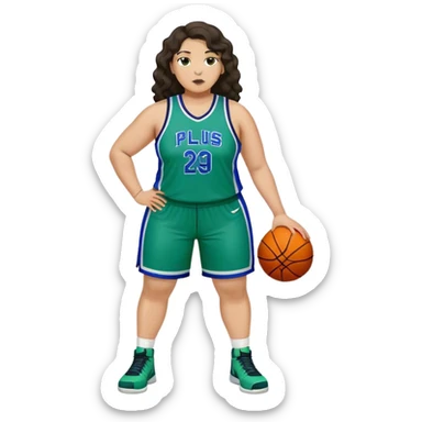 full body plus size light skin latino women basketball player with wavy dark hair large wide nose wearing blue with green uniform sticker