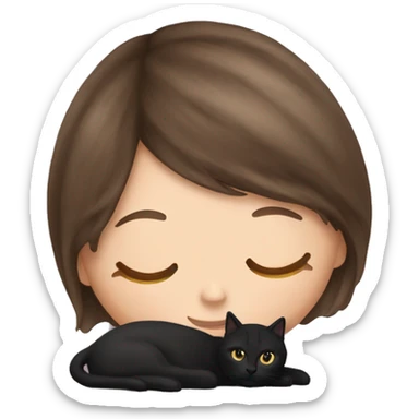 White Girl with long brown hair and bangs napping with a black cat sticker