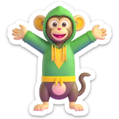 Cute 3D green monkey with big yellow ears, dark hood, and a happy face. Arms open wide, always smiling and full of energy. Friendly, fun, and curious — perfect for preschool kids. sticker