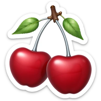 A pair of cherries emoji made of polished silver chrome, smooth rounded shapes, glossy metallic finish, soft highlights and reflections, cute proportions, iOS emoji style, centered, clean white background, no text sticker