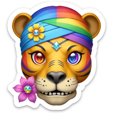 a mummy who is also a pirate make his skull a half flower rainbow diamond part hippo part tiger who is blue and gold whos head is on rainbow fire sticker