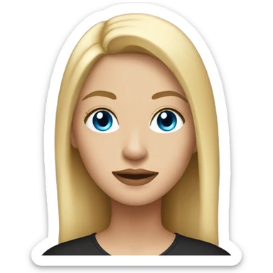 a woman with blue eyes, light skin, blonde straight hair. black shirt. sticker