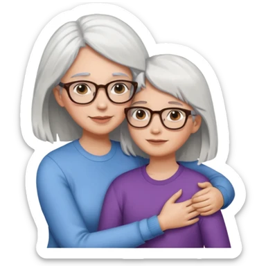 Abrazo de Madre con pelo blanco y gafas y hija con pelo morena sin gafas sticker