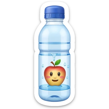 apple emoji style clear plastic water bottle filled with still water, smooth surface, blue cap, blank label, no bubbles, 3D, clean soft lighting, no anthropomorphic features, no accessories, transparent background, emoji scale sticker