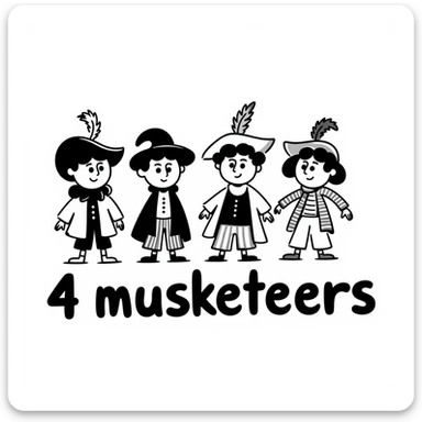 Cute cartoon of four musketeers with feathered hats and capes with the text "4 Musketeers" sticker