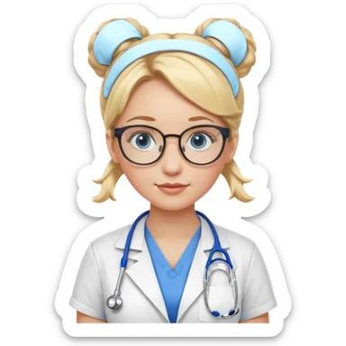 Blonde hair with two buns, blue eyes, stethoscope, and glasses sticker