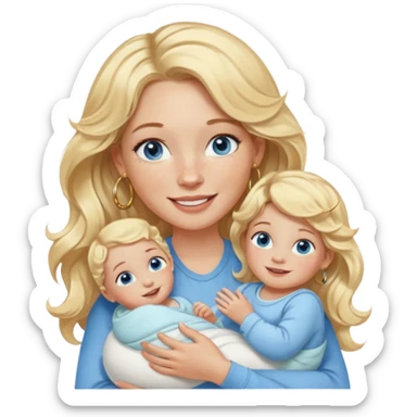 Wavy blonde, white woman with blue eyes, freckles hoop earrings, holding babies smiling and really cute in gold hoops she needs to be holding three newborns, and she needs to be more cute than pretty sticker