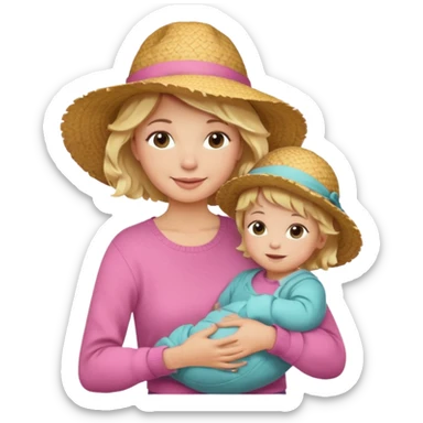 A cheerful wavy short blond hair mom in a straw hat carrying her child, wearing a pink sweater sticker