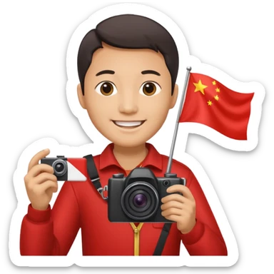 A Chinese man with a Chinese flag and a camera sticker