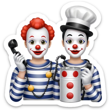 two mime clowns using tin can telephone sticker