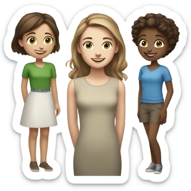 Three girls friends white skin, one of them with light brown hair and green eyes, another with dark brown hair and brown eyes and another with light brown hair and blue eyes, talking and laughing  sticker