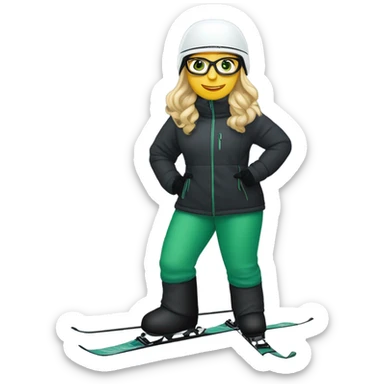Green-eyed, fat female skier with long straight blonde hair, glasses, white ski helmet, grey snow jacket, long black pants, black only snow boots standing tall. sticker