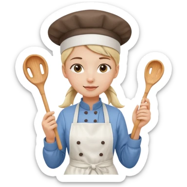Young female pastry chef - single ponytail, apron, wearing a white hat, holding a piping bag sticker