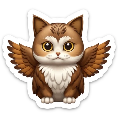 crea un gato con alas de búho con pelaje color cafe y blanco y que este con las alas cerradas y sin ningun objeto en las alas sticker