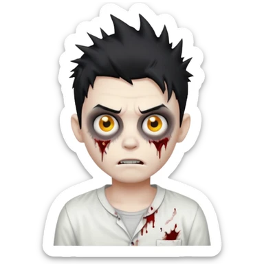zombie boy with messy spiky black hair, white shirt, cartoonish emoji style sticker