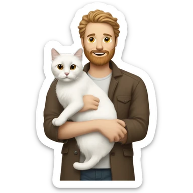 White men with brown beard holding white ragdoll cat sticker