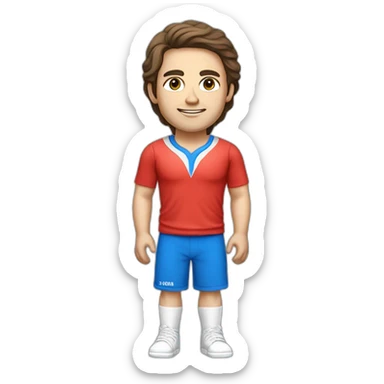 retro 70s blue and red gym clothes for a modern white brunette uni male student with glass sticker