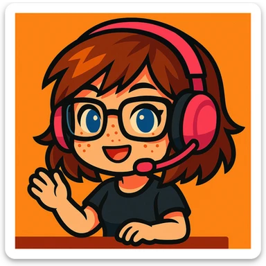 chibi woman with shoulder length choppy brown hair, pink gaming headset, freckles, glasses, and blue eyes sticker