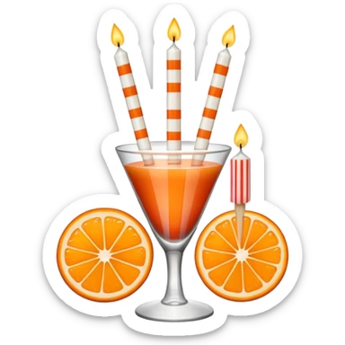 An orange with a horizontal red stripe around the middle. 4 vertical cocktail sticks in the orange with small pieces of candy on the sticks. On top of the orange a small white lit candle. The orange should be a piece of fruit not a drink.  sticker