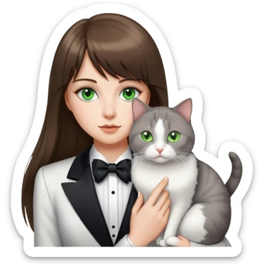 A white girl with long brunette hair, and bangs. She has green eyes and has a white and gray tuxedo cat sticker
