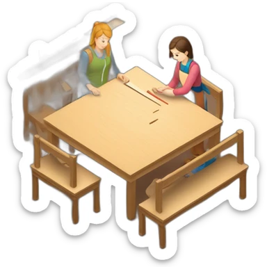isometric square transparent solid outline border containing woodworking teacher with student teaching in creative workshop on long table sticker