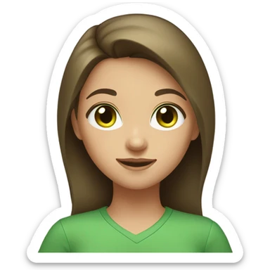 A girl with brown hair green eyes green shirt with green heart sticker