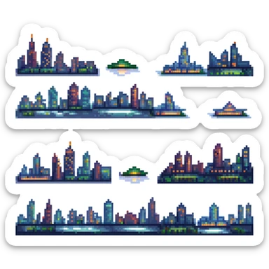 pixel art style banner with a city skyline at night sticker