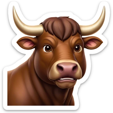 Cinematic Noble Brown Bull Portrait Emoji, Poised and regal, with a massive, muscular build and a sleek, well-groomed rich brown hide, deep-set soulful dark eyes, Simplified yet sharp and sophisticated features, highly detailed, glowing with a soft, dignified glow, high shine, intelligent and formidable, stylized with an air of strength, focused and attentive, soft glowing outline, capturing the essence of a watchful and confident guardian, so majestic it feels as though it could charge out of the screen with effortless authority! sticker