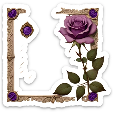 An antique handwritten letter on aged parchment, delicately adorned with dried light mauve roses, their petals slightly curled with time, resting beside it. A deep tyrian purple wax seal, intricately stamped with an ornate crest, secures the letter, evoking a vintage aesthetic of romance and mystery. The soft glow of candlelight casts gentle shadows, enhancing the nostalgic charm of the scene. sticker
