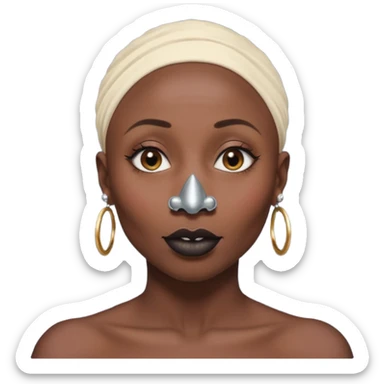 Grown black (proud) woman, bald with a perfect head, a prominent nose with a septum piercing, many piercings on her ears, a gap between her front teeth and very long nails (cynthia erivo) sticker