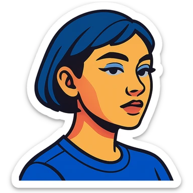 profile picture of a 22-year-old girl with short hair, cool tone makeup, blue shirt, vibrant toon style sticker