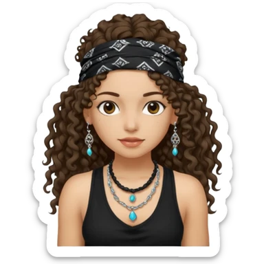 Baddie girl with black  tank top long  curly hairss and bandana and jwellery face only not body sticker