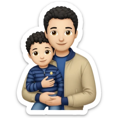 A father with short curly black hair and a friendly smile, dressed in a navy blue T-shirt and a beige jacket. He carries his child with soft straight dark hair wearing a tiny striped sweater. Bright, natural, heartwarming scene. sticker