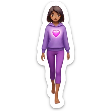 A small figure walks back across a foggy bridge, holding soft pink and purple orbs in each hand—symbolizing compassion and forgiveness. A gentle heart aura trails behind them, showing healing in motion. sticker