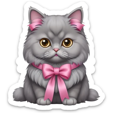 A grey Persian Cat Neck Wearing a pink silk ribbon sticker