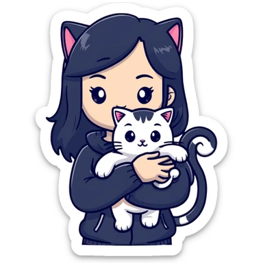 beautiful girl with long black hair holding a silver-colored cat sticker