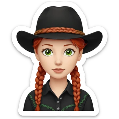 cowgirl with red hair green eyes black hat braided hair sticker