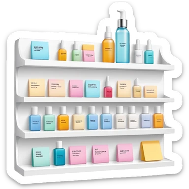 big long white shelf with one serum bottle labeled beauty brand and large sticky note next to it sticker