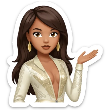 LeToya Luckett from Destiny's Child with long dark brown hair, ivory sequin outfit sticker