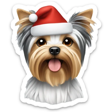 White and black Yorkshire terrier with a Christmas hat sticker