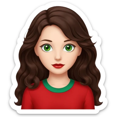 Leslie Bryant from Summer of Fear with long dark brown wavy hair, green eyes, red outfit sticker