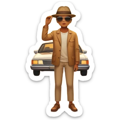 A parked car rests on the side of a long with a person outside , empty road stretching toward a golden sunset. The sky glows with warm colors, and the landscape ahead feels open, peaceful, and full of promise. sticker