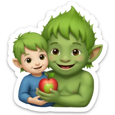 green troll gently holding a happy toddler, apple emoji style sticker